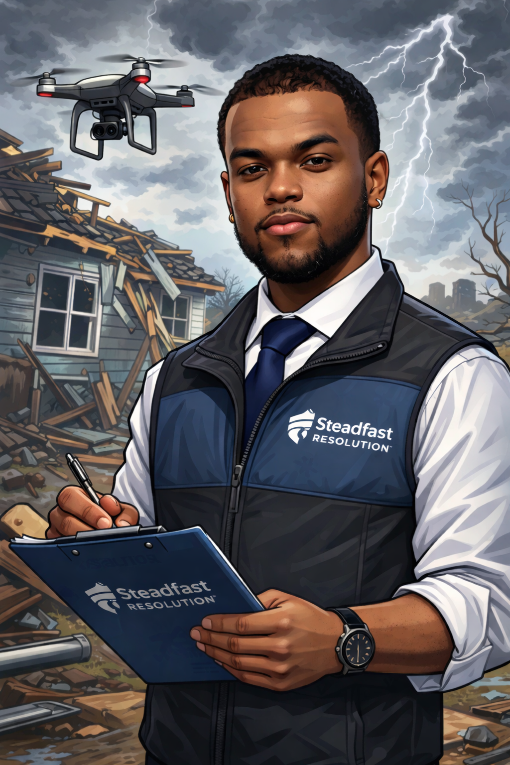 Illustration of a Steadfast Resolution inspector documenting storm damage with drone support